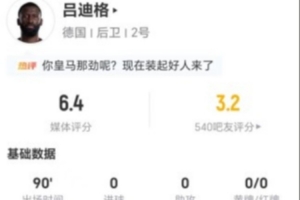 吕迪格本战4次解围2次夺回球权 5次长传3次成功+4次对抗3次成功 得到6.4分评价