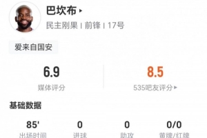 35岁球员巴坎布比赛中射失2球 2次突破2次越位贡献1次关键传球 9次对抗6次成功 得分6.9分