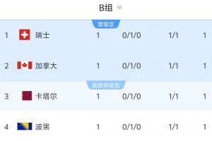两场比分均为1-1！B组积分排行榜：瑞士、加拿大、卡塔尔、波黑积分均为1分