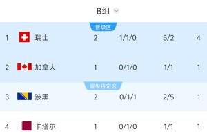 世界杯B组积分排行榜:瑞士以4分领先,波黑位居第三,6点加拿大对阵卡塔尔