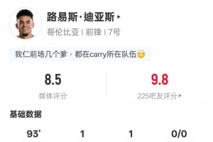 路易斯·迪亚斯表现:助攻得分+封堵1次射门2次突破成功2次关键传球,得分8.5