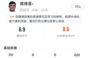 热区图凸显对方半场!佩德里全场表现:传球成功率85.3%,得6.9分