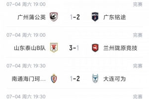 中乙赛事总结：海港B队结束四连败，以2分优势领先；泰山B队四连胜，青年星遭平局