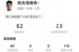 半场被换出!帕夫洛维奇此役射门与关键传球均为零 10次对抗成功 评分仅6.2分