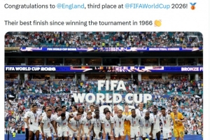 FIFA社交媒体：恭喜英格兰队赢得世界杯季军，刷新1966年以来的最佳战绩