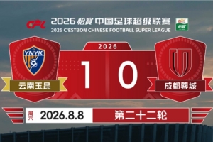 战报：云南玉昆1-0成都蓉城