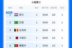 前8名晋级！小组第三名：荷兰、巴西、比利时、葡萄牙、西班牙
