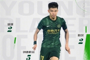 王钰栋7次出场贡献2球2助，荣膺中超5月最佳年轻球员